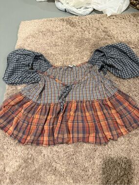 American Eagle Outfitters Blue and Orange Plaid Peasant Tank Top